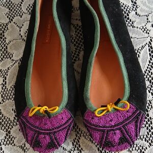 Black Suede Flats with Purple Beaded Toe and Green Trim